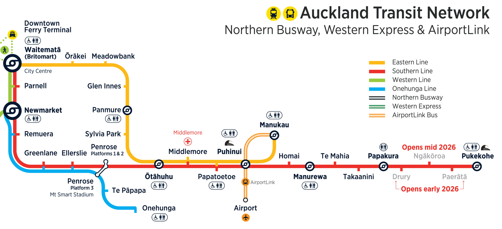 Auckland Transport network map showing all bus, train and ferry routes