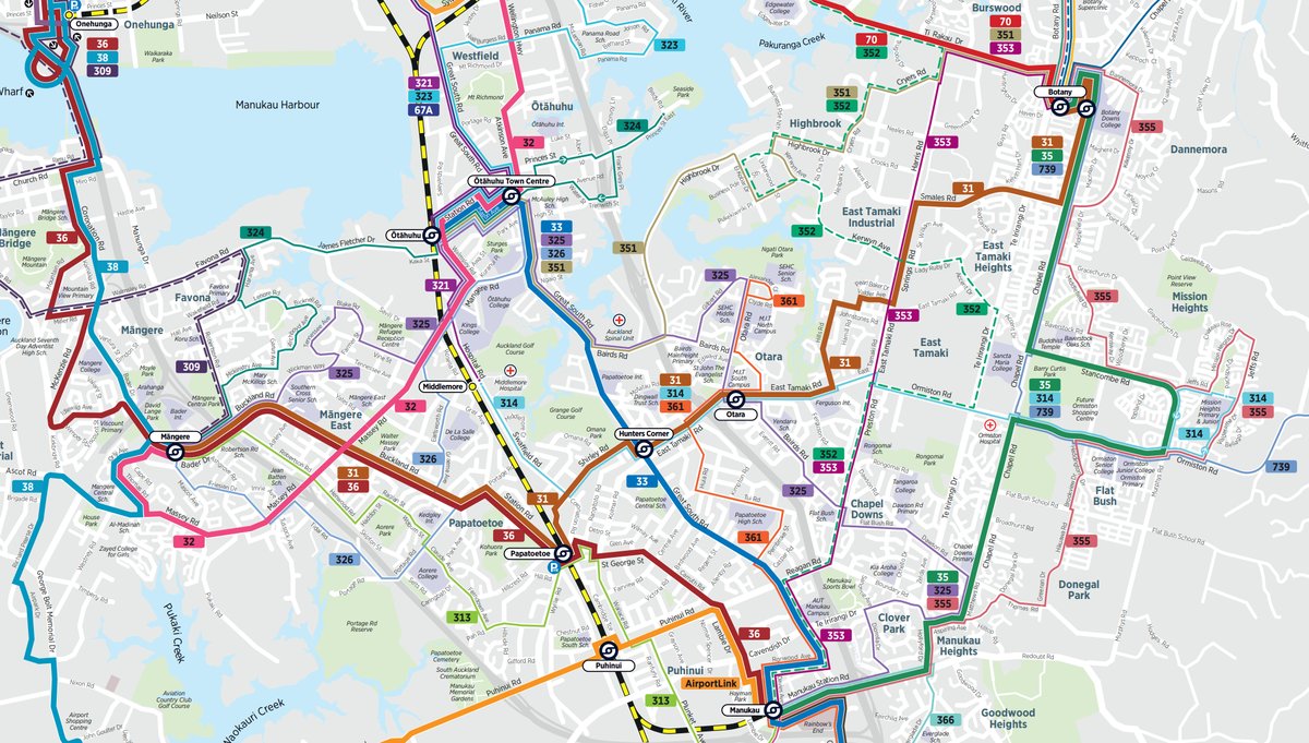 South Auckland bus and train route map showing services around Middlemore